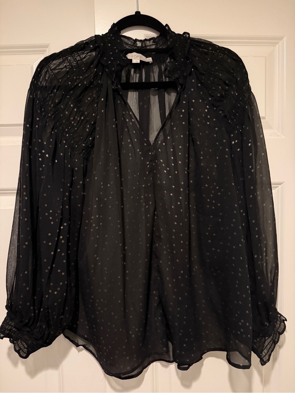LOFT Black Sheer Ruffle Trim Blouse with Metallic Dot Accents Size Large